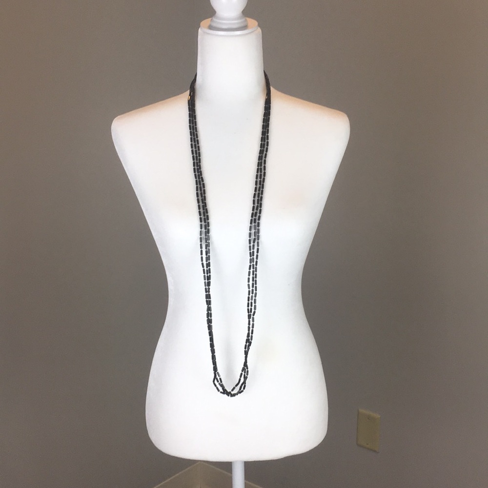 Long Black Beaded Three Strand Necklace
